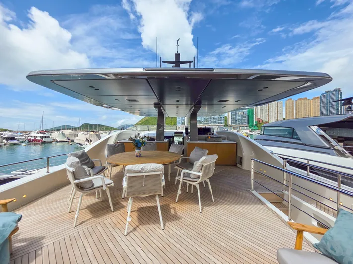  Yacht Photos Pics Luxurious 2025 Sanlorenzo SD90 yacht deck with elegant seating and scenic marina view.