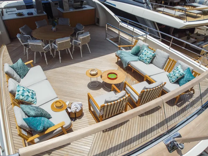  Yacht Photos Pics Luxurious Sanlorenzo SD90 yacht deck with elegant seating and dining area, 2025 model.