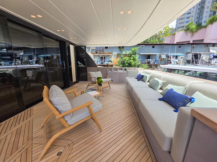  Yacht Photos Pics Luxurious Sanlorenzo SD90 yacht deck with elegant seating, 2025 model.