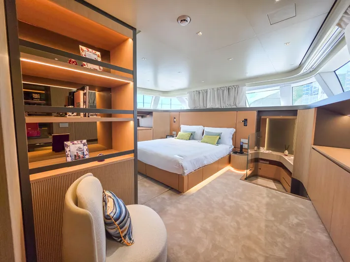  Yacht Photos Pics Luxurious Sanlorenzo SD90 2025 yacht bedroom with modern design and elegant furnishings.