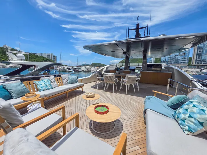  Yacht Photos Pics Luxurious 2025 Sanlorenzo SD90 yacht deck with elegant seating and marina view.