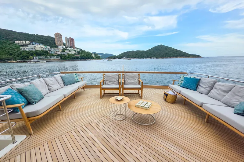  Yacht Photos Pics Luxurious Sanlorenzo SD90 yacht deck with elegant seating, ocean view, 2025 model.