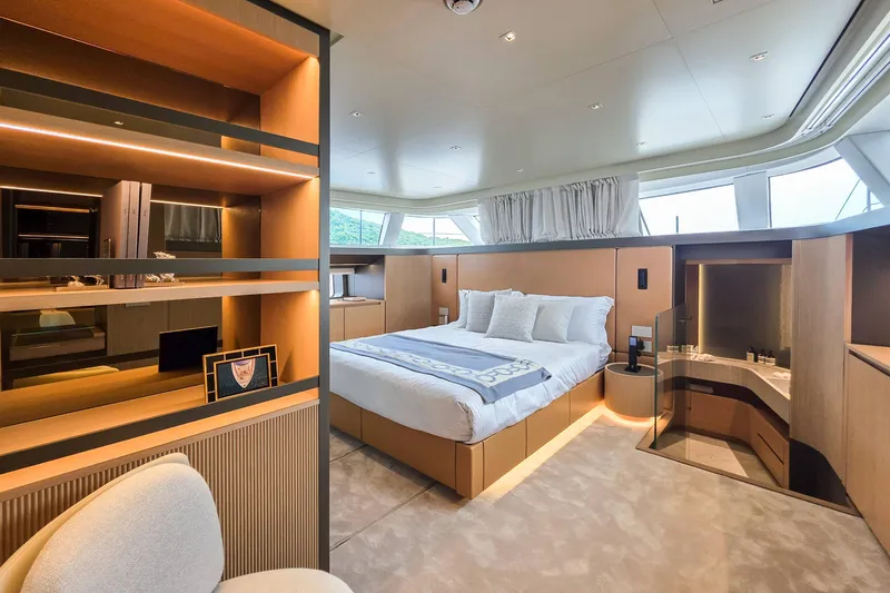  Yacht Photos Pics Luxurious Sanlorenzo SD90 2025 yacht bedroom with modern design and elegant furnishings.