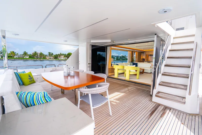 One More Time Yacht Photos Pics Luxurious Horizon FD80 yacht deck with dining area, modern interior, and scenic waterfront view.