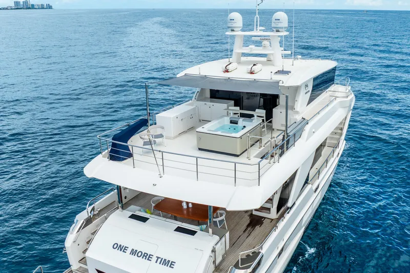 One More Time Yacht Photos Pics Luxurious 2020 Horizon FD80 yacht with spacious deck and jacuzzi on open sea.