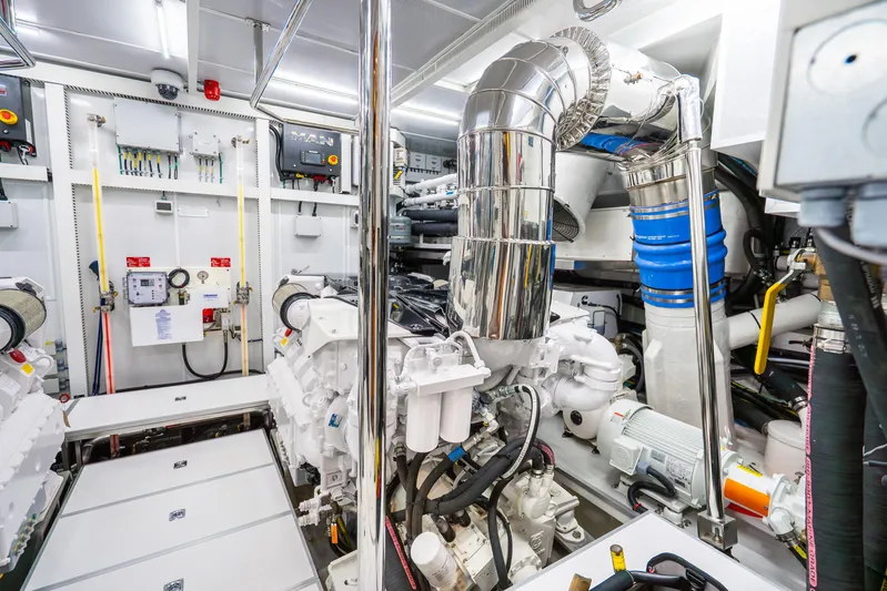 One More Time Yacht Photos Pics Engine room of 2020 Horizon FD80 yacht, featuring advanced machinery and equipment.