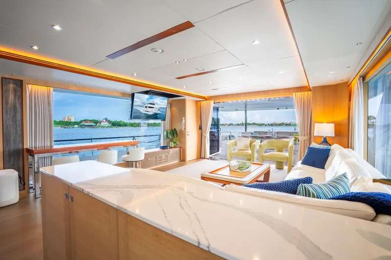 One More Time Yacht Photos Pics Luxurious Horizon FD80 yacht interior with modern decor and panoramic ocean views, 2020 model.