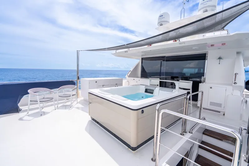 One More Time Yacht Photos Pics Luxurious 2020 Horizon FD80 yacht deck with hot tub and ocean view.