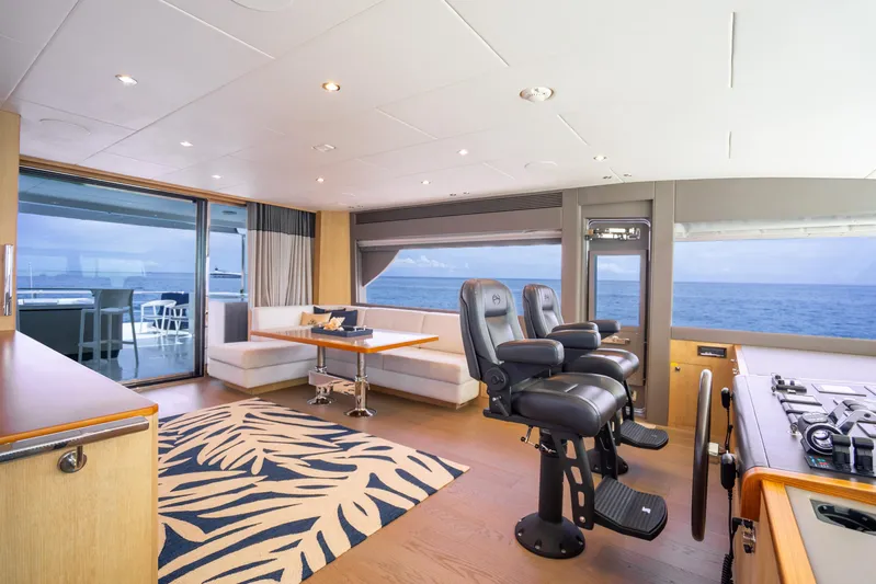 One More Time Yacht Photos Pics Luxurious 2020 Horizon FD80 yacht interior with ocean view, featuring modern seating and elegant decor.