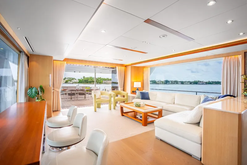 One More Time Yacht Photos Pics Luxurious interior of 2020 Horizon FD80 yacht with elegant seating and panoramic views.