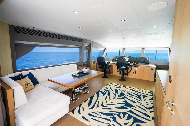 One More Time Yacht Photos Pics Luxurious Horizon FD80 yacht interior with ocean view, modern helm, and elegant seating area.