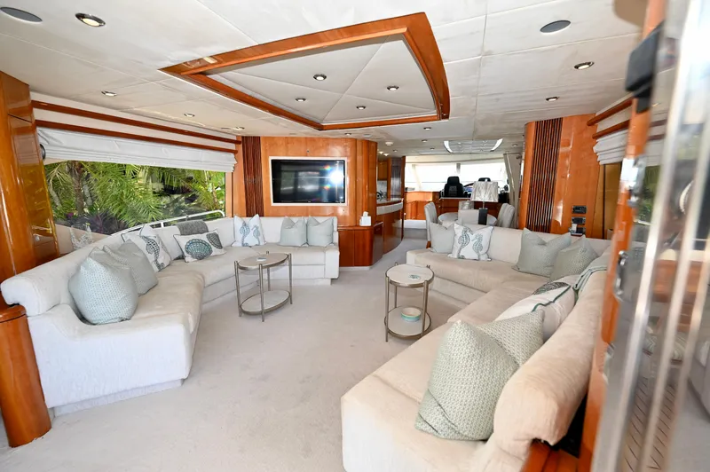 "bella" Yacht Photos Pics Luxurious interior of 2005 Sunseeker 82 Yacht with plush seating and elegant decor.