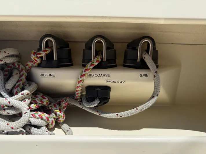 Bolero Yacht Photos Pics Sailing control panel with labeled ropes on a 2012 Morris M29 boat.