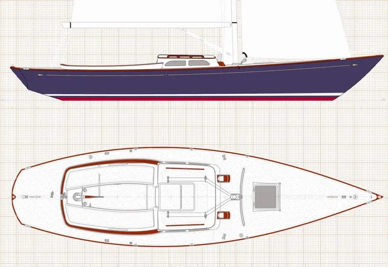 Bolero Yacht Photos Pics Blueprint of 2012 Morris M29 sailboat, side and top views, showcasing sleek design and structure.
