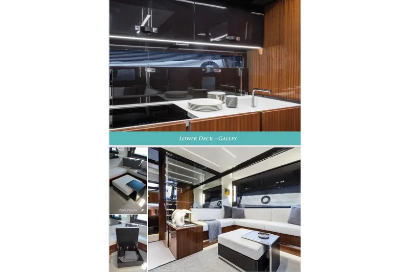  Yacht Photos Pics Lower deck galley and lounge of 2024 Riva 56 Rivale yacht, featuring modern design.