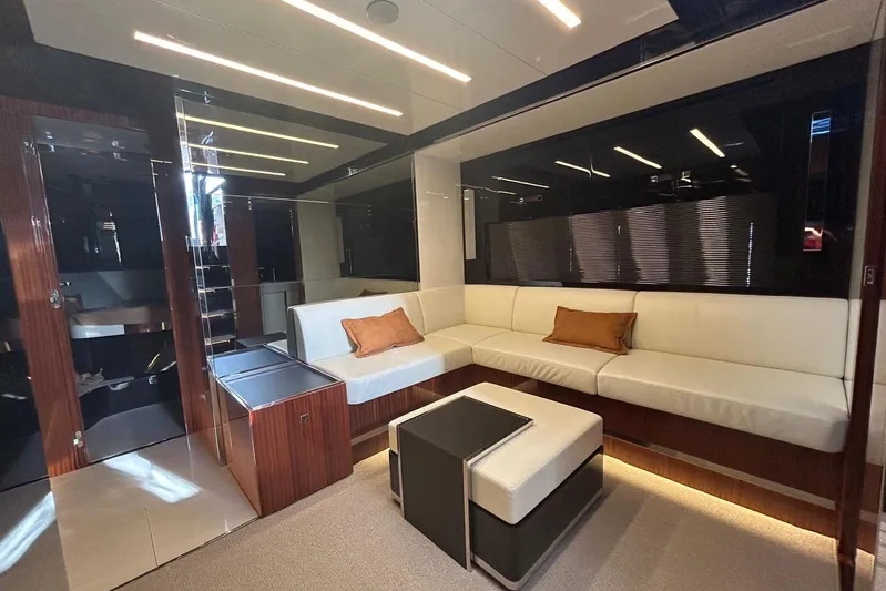  Yacht Photos Pics Luxurious interior of 2024 Riva 56 Rivale yacht with modern seating and elegant design.