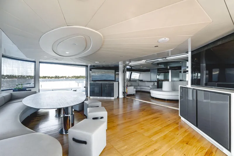 Lyfe At Sea Yacht Photos Pics Luxurious interior of 2015 Magic Yachts Custom model with modern design and panoramic views.