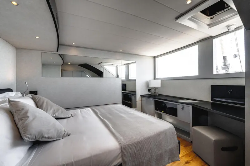 Lyfe At Sea Yacht Photos Pics Luxurious 2015 Magic Yachts Custom bedroom with modern design and elegant furnishings.