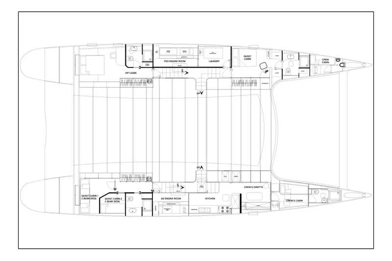Lyfe At Sea Yacht Photos Pics Floor plan of 2015 Magic Yachts Custom model, featuring cabins and engine rooms.
