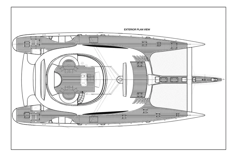 Lyfe At Sea Yacht Photos Pics Top view blueprint of 2015 Magic Yachts Custom model, showcasing exterior design layout.