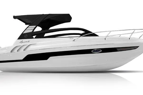Ready For Delivery! Yacht Photos Pics 2026 Hanover 305 White and Black Premium Edition boat, sleek design, side view.