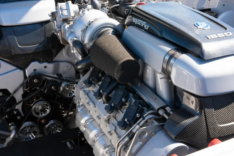  Yacht Photos Pics 2017 Cigarette 50 Marauder engine close-up, showcasing intricate mechanical components.