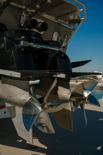  Yacht Photos Pics Close-up of 2017 Cigarette 50 Marauder boat propellers.