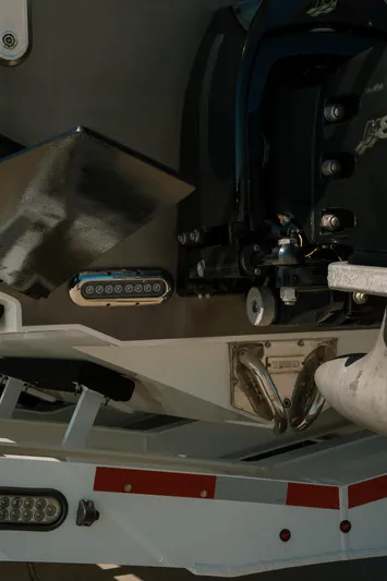  Yacht Photos Pics Close-up of a 2017 Cigarette 50 Marauder boat's engine and trailer.