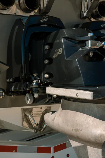  Yacht Photos Pics Close-up of 2017 Cigarette 50 Marauder boat engine and propeller.