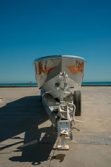  Yacht Photos Pics 2017 Cigarette 50 Marauder boat on trailer by the sea.