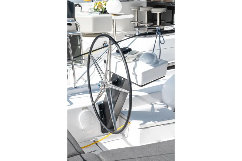  Yacht Photos Pics 2024 Dufour 530 yacht steering wheel and cockpit detail.