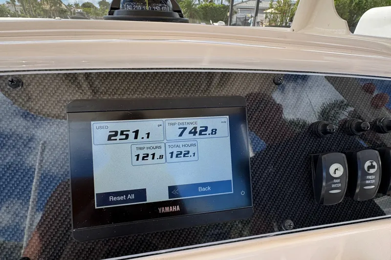  Yacht Photos Pics 2024 Grady-White Fisherman 236 dashboard with Yamaha display showing trip data.