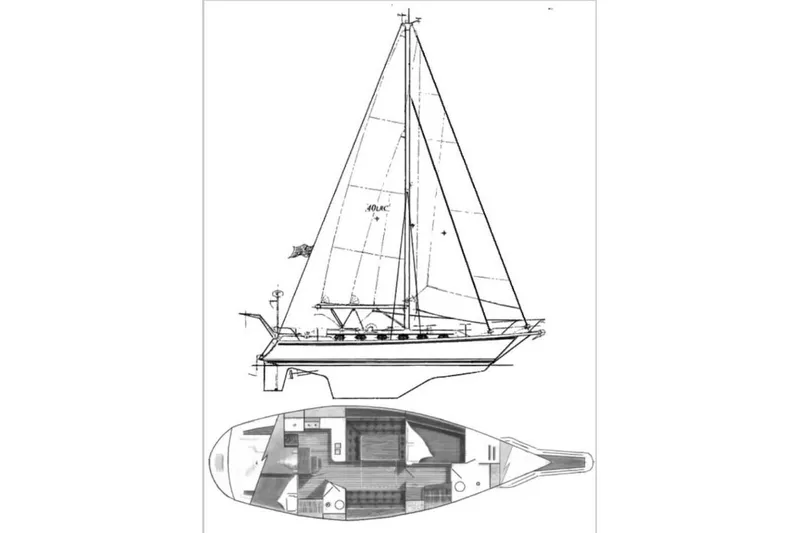 Mer Du Jour Yacht Photos Pics Line drawing of 2005 Caliber 40 LRC SE sailboat with interior layout.
