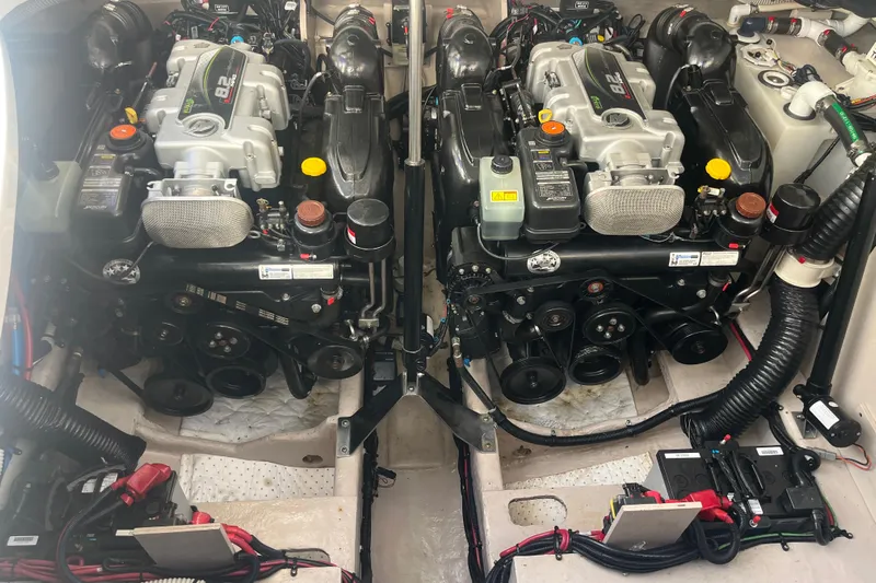 Just Plane Fun Yacht Photos Pics Engine compartment of a 2014 Sea Ray 350 Sundancer with dual inboard motors.
