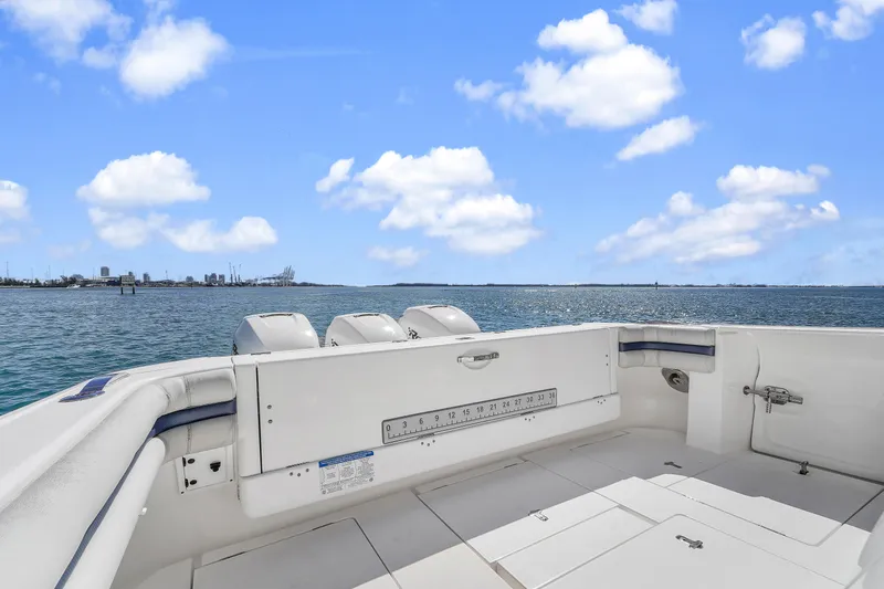  Yacht Photos Pics 2019 Intrepid 407 Cuddy boat deck with ocean view and blue sky.