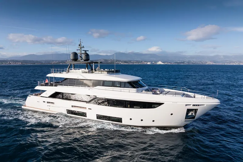 M Forever Yacht Photos Pics Luxurious 2021 Custom Line Navetta 33 yacht cruising on open sea.