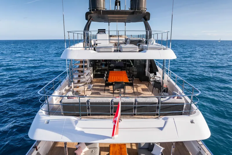 M Forever Yacht Photos Pics Luxurious 2021 Custom Line Navetta 33 yacht on open sea, featuring spacious decks and elegant design.