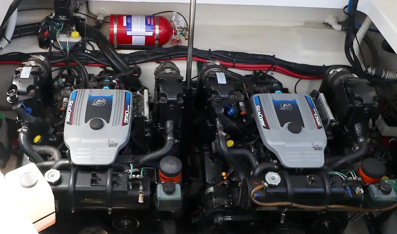 St Babyn Yacht Photos Pics Twin engines of a 2012 Sea Ray Sundancer 310 with fire extinguisher.
