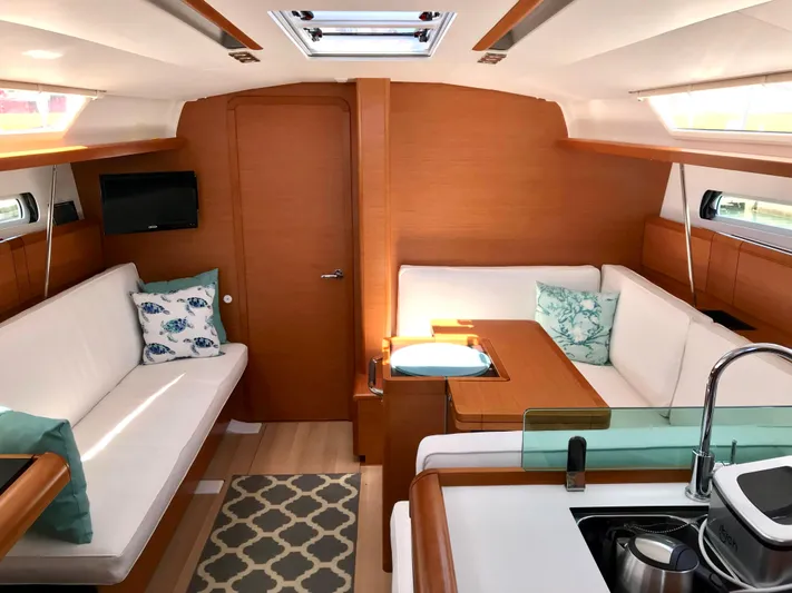  Yacht Photos Pics Interior of 2018 Jeanneau Sun Odyssey 419 yacht with modern seating and decor.