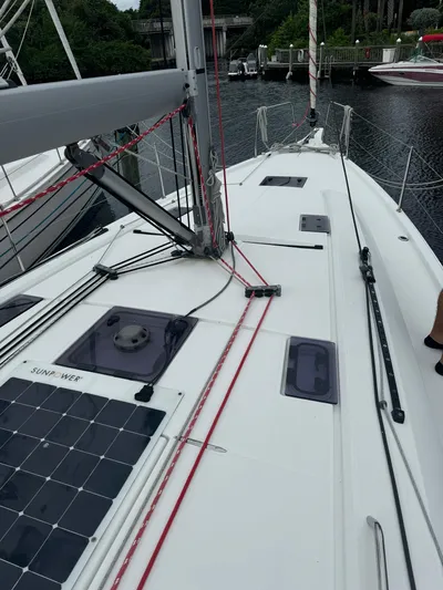 Odyssey Yacht Photos Pics 2021 Beneteau Oceanis 40.1 sailboat deck with rigging and solar panel.
