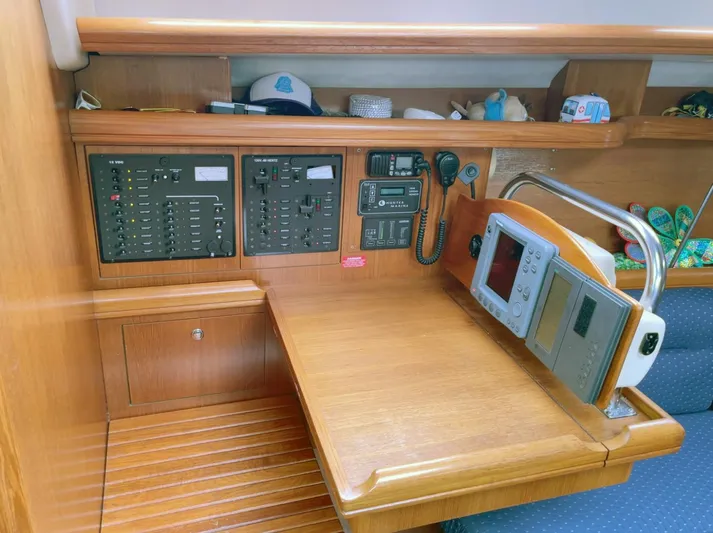 Wild Card Yacht Photos Pics Navigation station of a 2005 Hunter 38 sailboat with control panels and equipment.