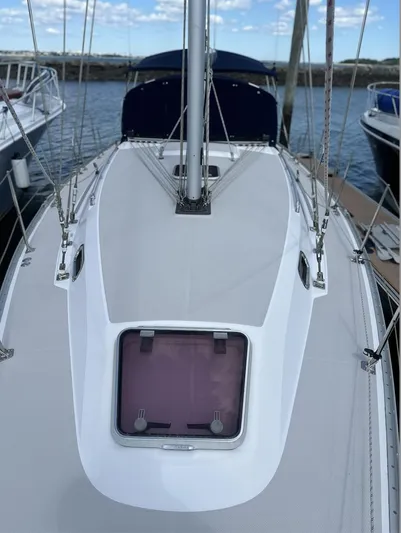 Sea Urchin Yacht Photos Pics 2013 Catalina 355 sailboat deck view at marina, featuring sleek design and modern fittings.