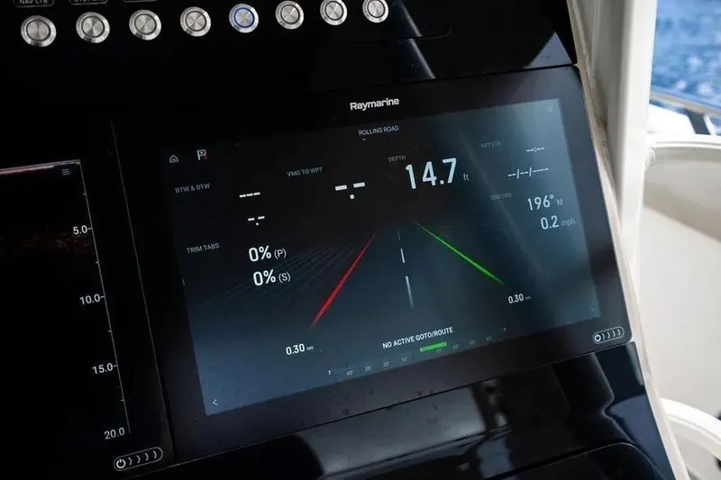  Yacht Photos Pics Dashboard of 2022 Boston Whaler 420 Outrage with Raymarine navigation display.