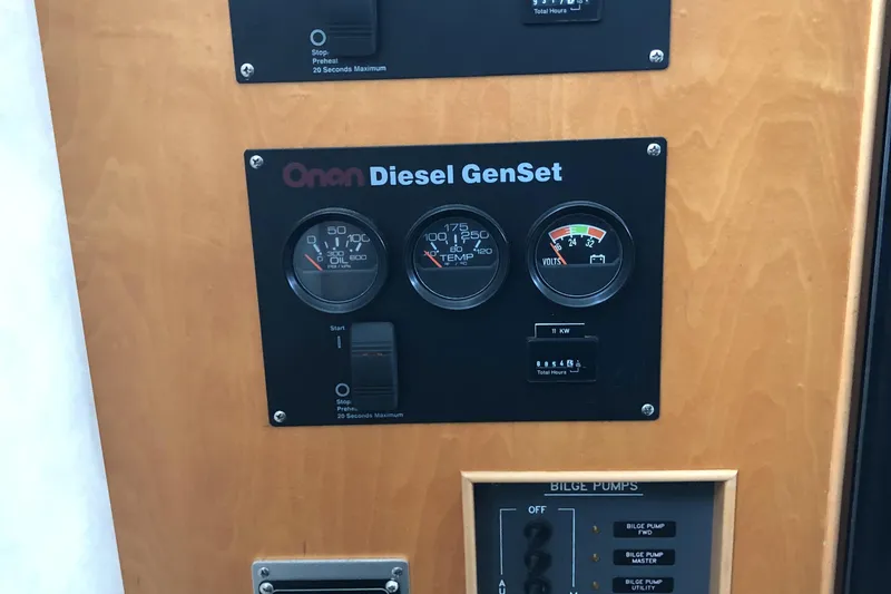 Evening Star Yacht Photos Pics Onan Diesel GenSet control panel on 2003 Cape Horn Trawler.