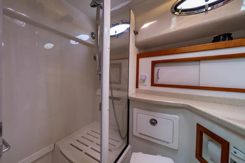 Big Blue Yacht Photos Pics 2010 Back Cove 37 yacht bathroom with shower, sink, and storage cabinets.