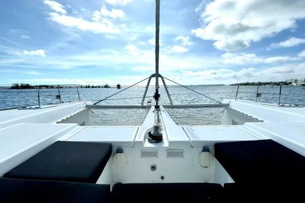 Nauti Adventure Yacht Photos Pics Lagoon 52 F 2015 catamaran deck with ocean view under blue sky.