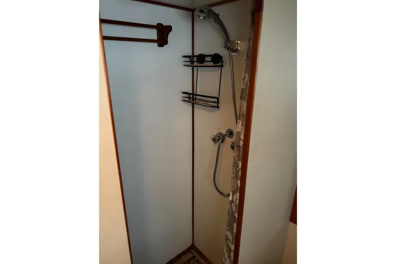  Yacht Photos Pics Shower area in 1981 Grand Banks 42 Classic yacht with wall-mounted fixtures.