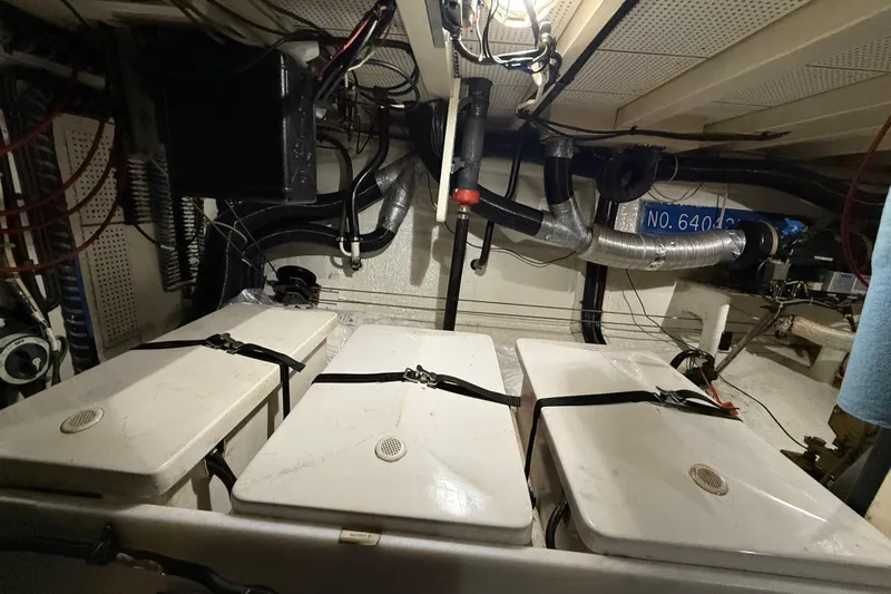  Yacht Photos Pics Engine room of 1981 Grand Banks 42 Classic with visible wiring and equipment.