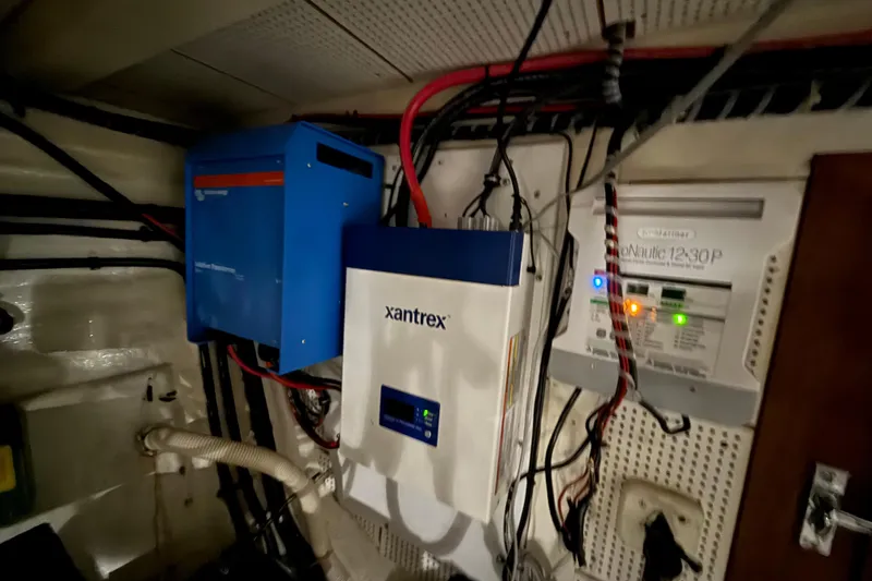  Yacht Photos Pics Electrical system setup in a 1981 Grand Banks 42 Classic boat, featuring Xantrex equipment.