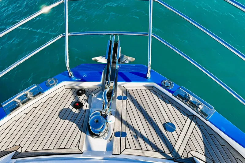  Yacht Photos Pics Bow of 2024 Azimut Fly 53 yacht with teak decking and stainless steel fittings.
